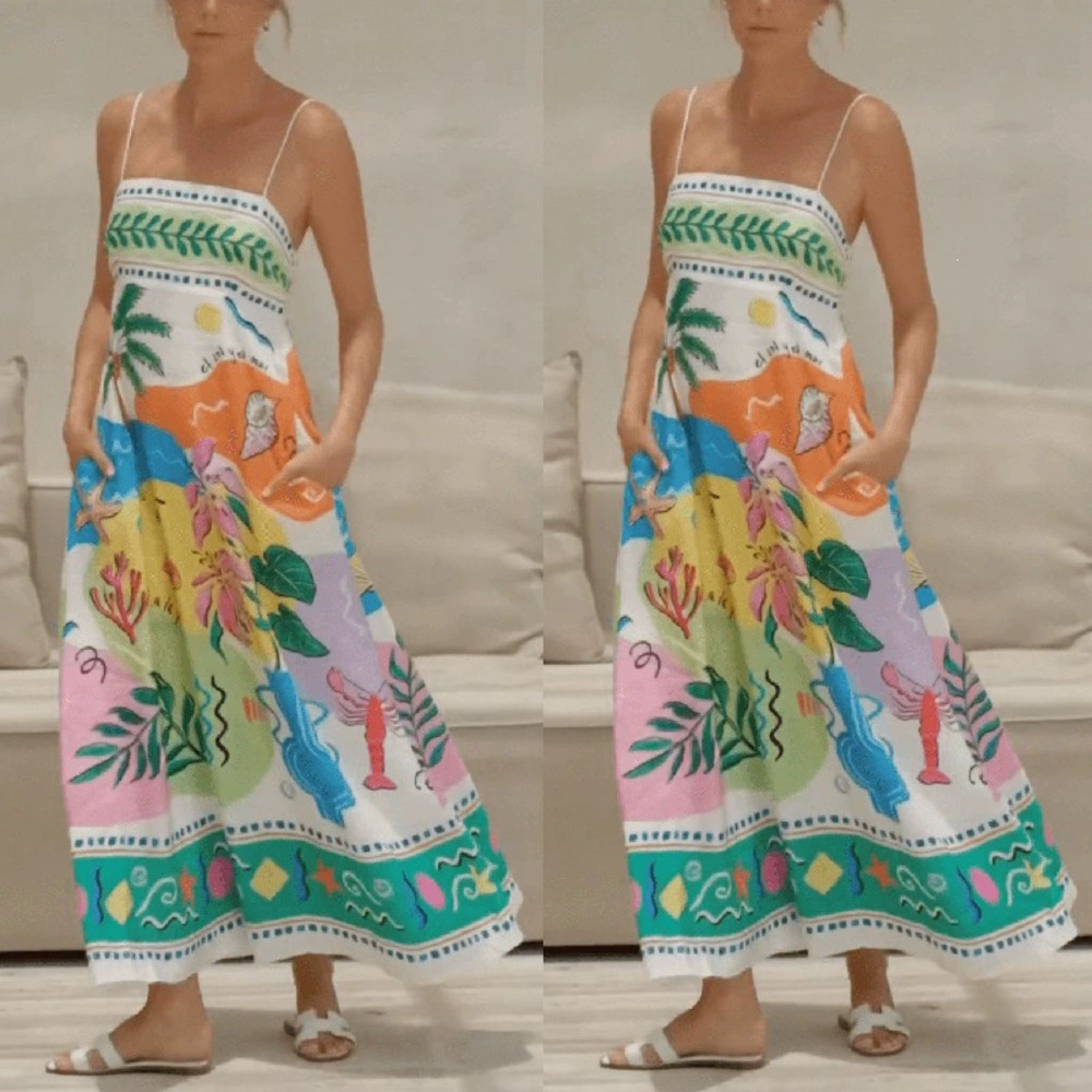Zara Beach Style Print Spaghetti Strap Sleeveless Flared Dress